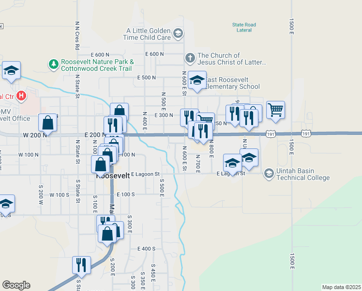 map of restaurants, bars, coffee shops, grocery stores, and more near 133 North 600 East Street in Roosevelt