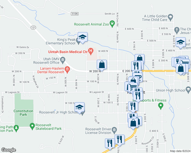 map of restaurants, bars, coffee shops, grocery stores, and more near 145 North 200 West in Roosevelt
