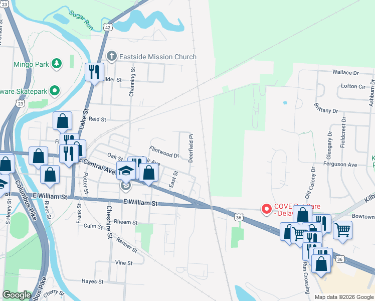 map of restaurants, bars, coffee shops, grocery stores, and more near 75 Deerfield Place in Delaware