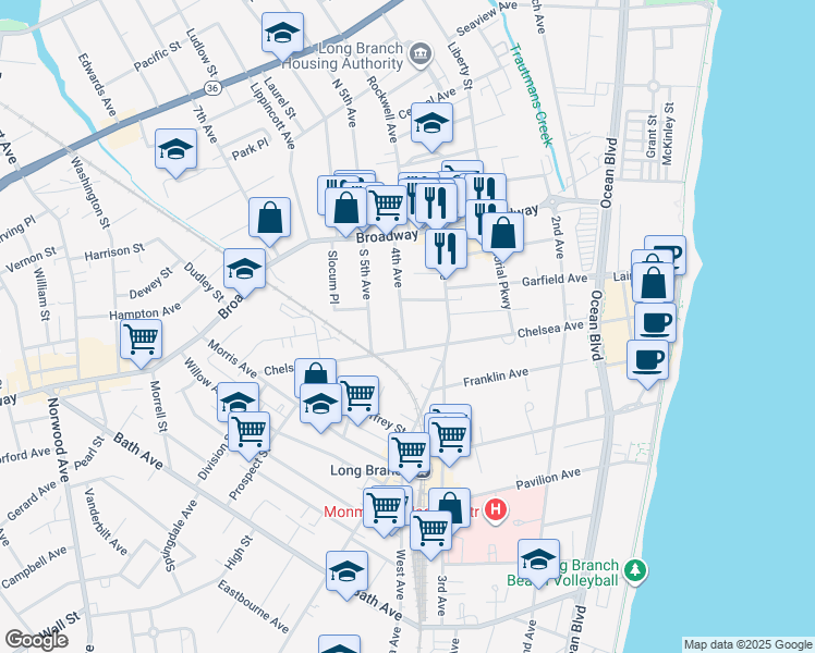 map of restaurants, bars, coffee shops, grocery stores, and more near 65 4th Avenue in Long Branch