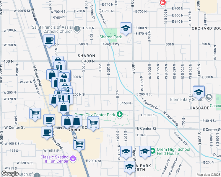 map of restaurants, bars, coffee shops, grocery stores, and more near 232 North 250 East in Orem