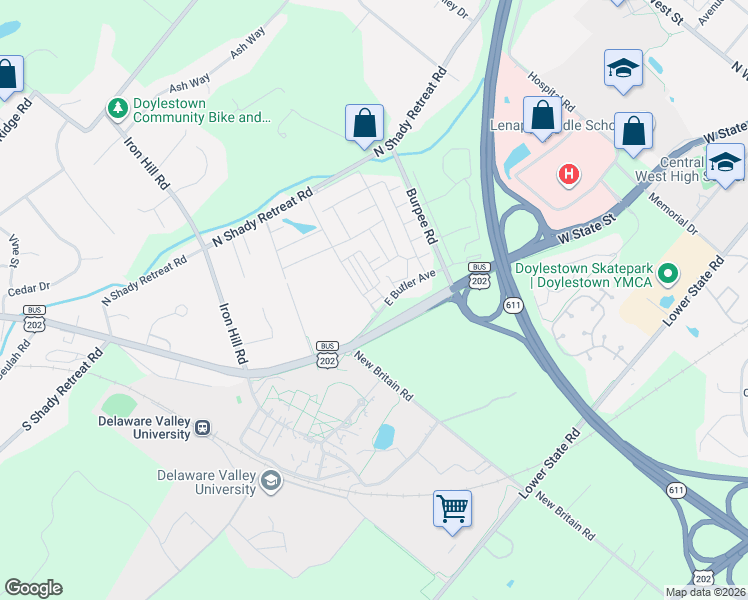 map of restaurants, bars, coffee shops, grocery stores, and more near 12 South Circle Drive in Doylestown