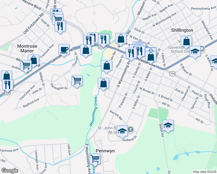 map of restaurants, bars, coffee shops, grocery stores, and more near 200 Hendel Street in Shillington