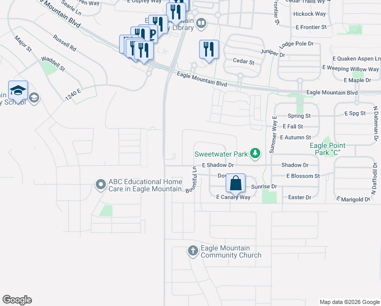 map of restaurants, bars, coffee shops, grocery stores, and more near 3733 Bountiful Lane in Eagle Mountain