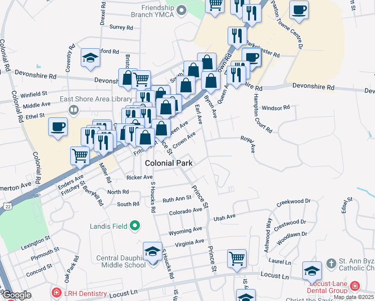 map of restaurants, bars, coffee shops, grocery stores, and more near 4708 Royal Avenue in Harrisburg