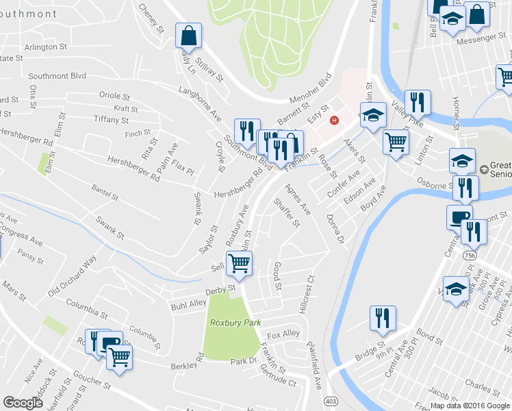 map of restaurants, bars, coffee shops, grocery stores, and more near 1278 Franklin Street in Johnstown