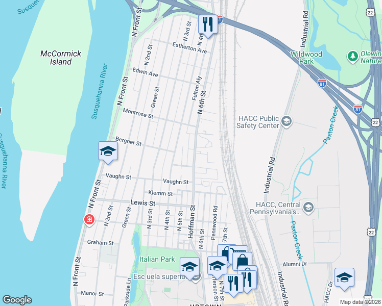 map of restaurants, bars, coffee shops, grocery stores, and more near 3424 North 6th Street in Harrisburg