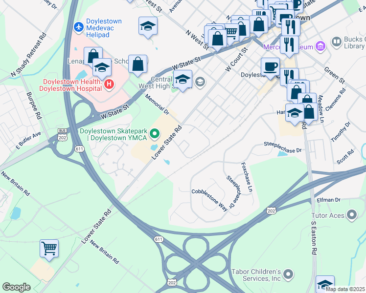 map of restaurants, bars, coffee shops, grocery stores, and more near 2 Aspen Way in Doylestown