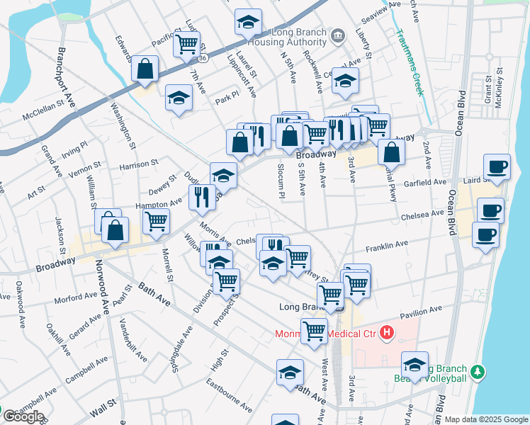 map of restaurants, bars, coffee shops, grocery stores, and more near 372 Broadway in Long Branch
