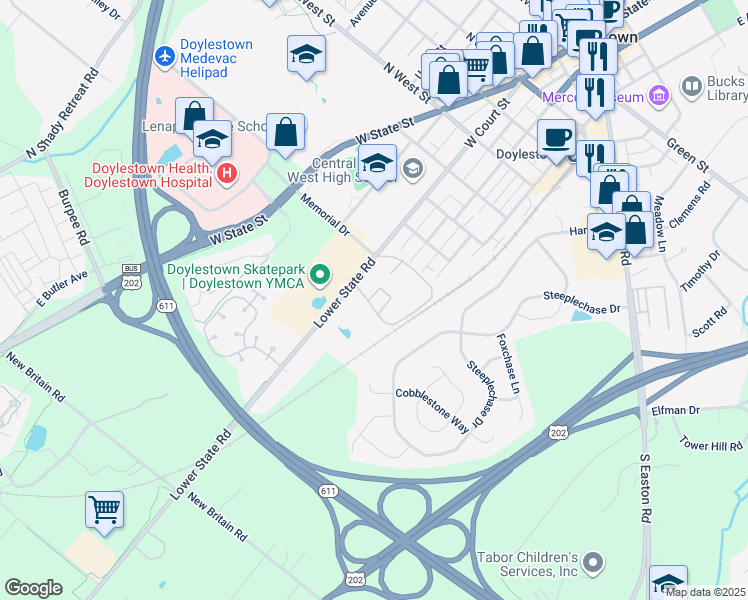 map of restaurants, bars, coffee shops, grocery stores, and more near 12-9 Aspen Way in Doylestown