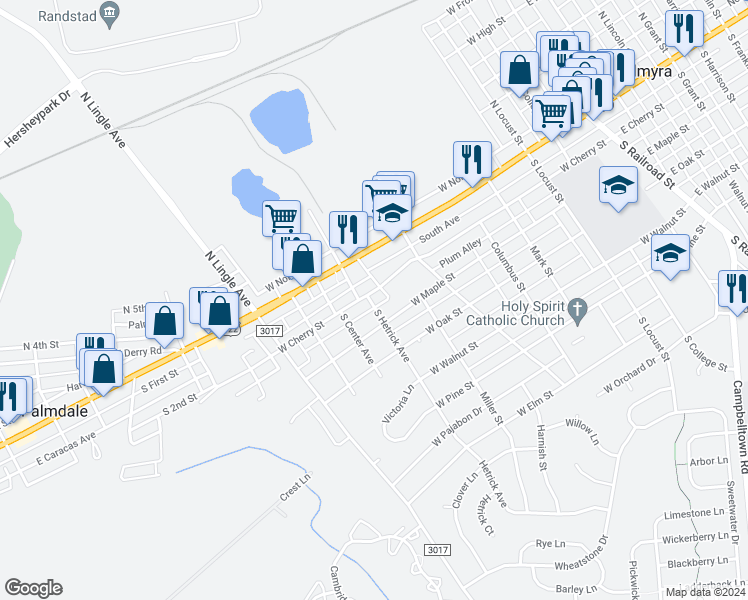 map of restaurants, bars, coffee shops, grocery stores, and more near 662 West Cherry Street in Palmyra