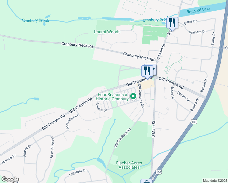 map of restaurants, bars, coffee shops, grocery stores, and more near 58 Labaw Drive in Cranbury
