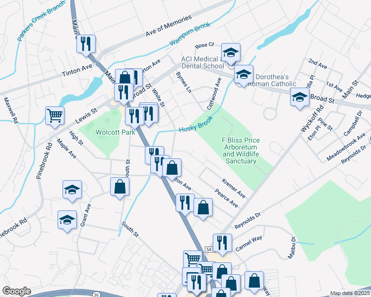 map of restaurants, bars, coffee shops, grocery stores, and more near 45 Applebey Street in Eatontown