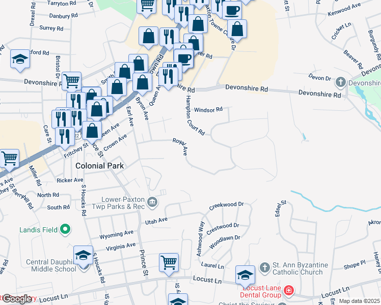map of restaurants, bars, coffee shops, grocery stores, and more near 5026 Royal Avenue in Harrisburg