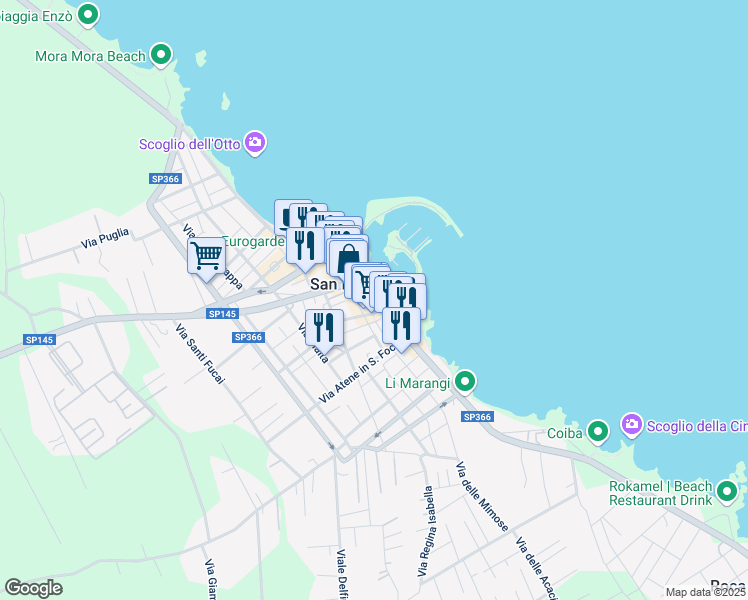 map of restaurants, bars, coffee shops, grocery stores, and more near 4 Via Quarto in San Foca