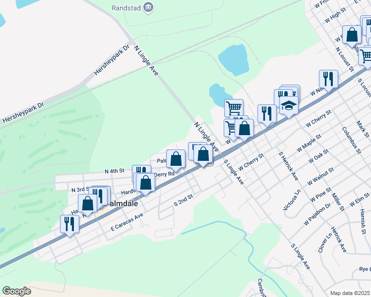 map of restaurants, bars, coffee shops, grocery stores, and more near 1800 Lehman Street in Hershey