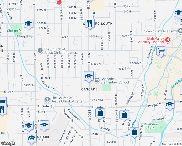 map of restaurants, bars, coffee shops, grocery stores, and more near 258 North 800 East in Orem