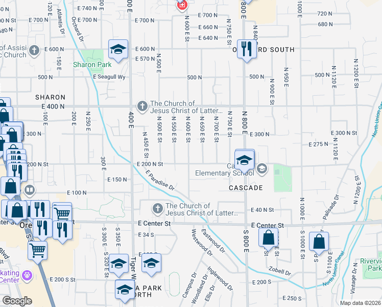 map of restaurants, bars, coffee shops, grocery stores, and more near 232 North 600 East Street in Orem