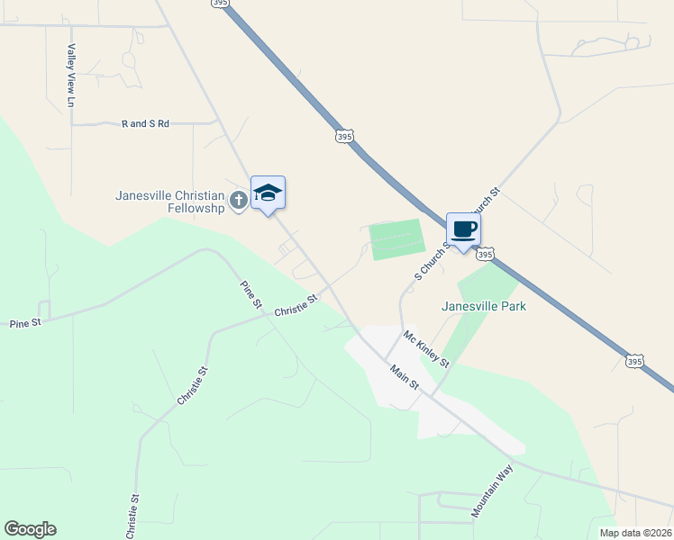 map of restaurants, bars, coffee shops, grocery stores, and more near Cemetery Ln in Janesville