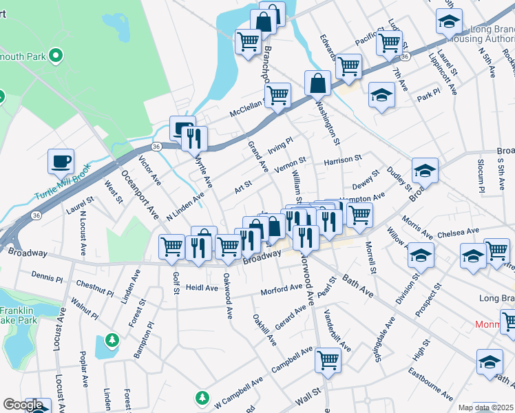 map of restaurants, bars, coffee shops, grocery stores, and more near 656 Kennedy Street in Long Branch