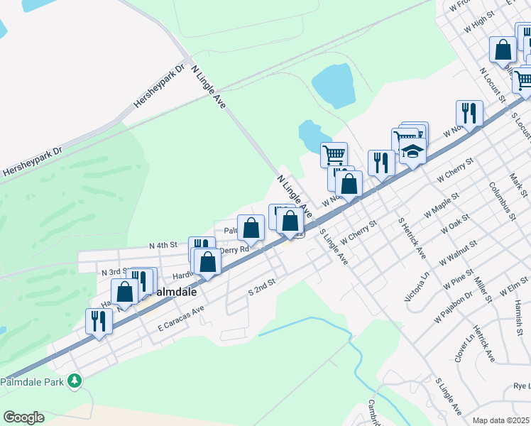 map of restaurants, bars, coffee shops, grocery stores, and more near 1803 Lehman Street in Hershey