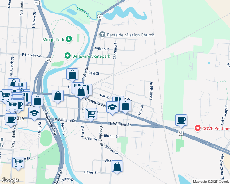 map of restaurants, bars, coffee shops, grocery stores, and more near 36 Channing Street in Delaware