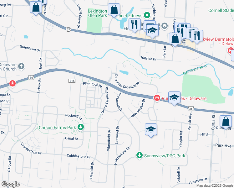 map of restaurants, bars, coffee shops, grocery stores, and more near 28 Hedgerow Lane in Delaware