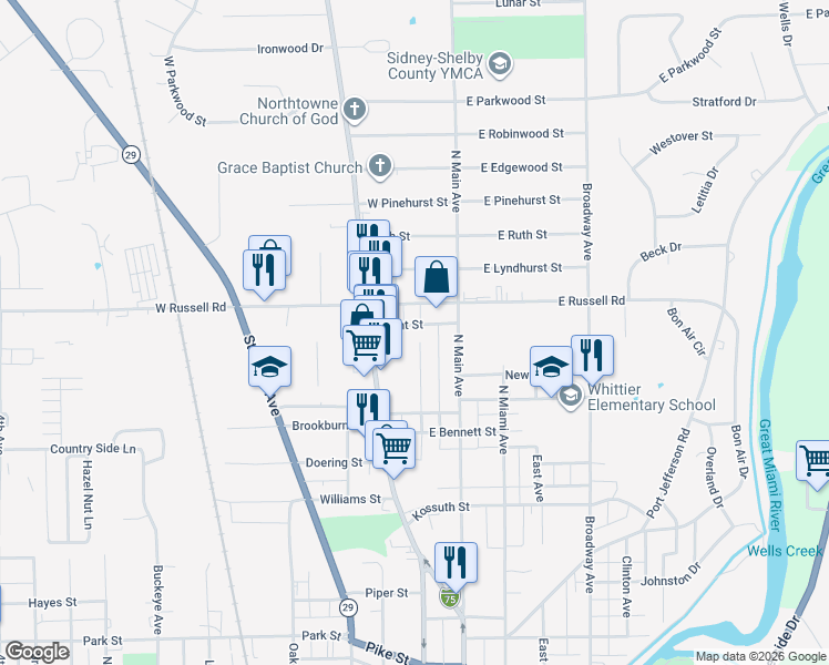 map of restaurants, bars, coffee shops, grocery stores, and more near 117 West Russell Road in Sidney