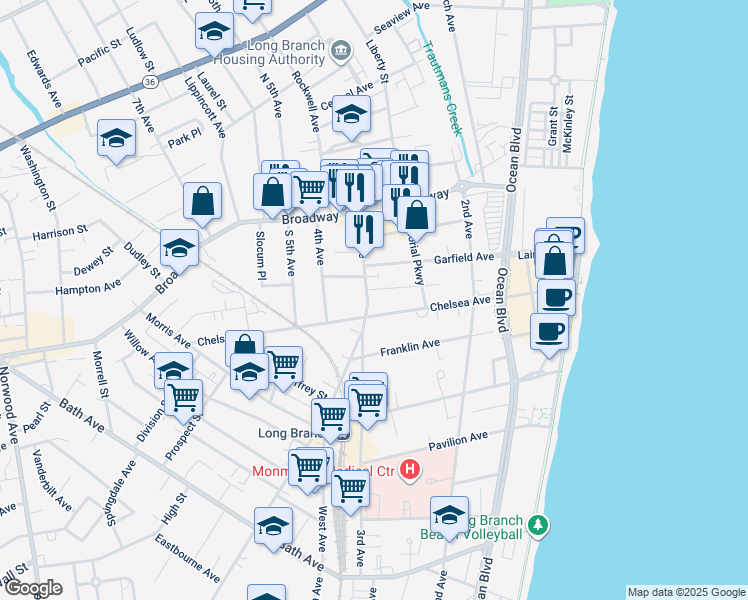 map of restaurants, bars, coffee shops, grocery stores, and more near 179 Chelsea Avenue in Long Branch