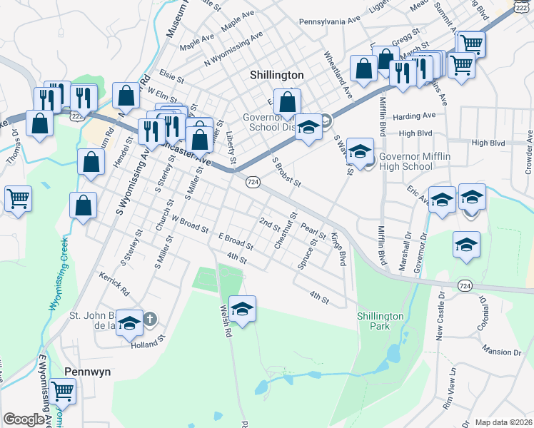 map of restaurants, bars, coffee shops, grocery stores, and more near 26 Franklin Street in Shillington