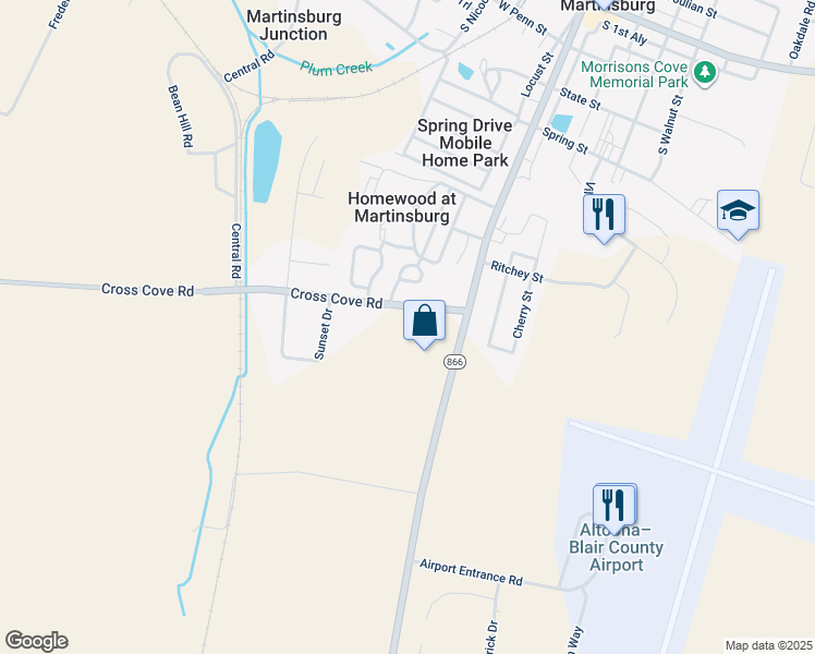 map of restaurants, bars, coffee shops, grocery stores, and more near 491 Fadley Road in Martinsburg