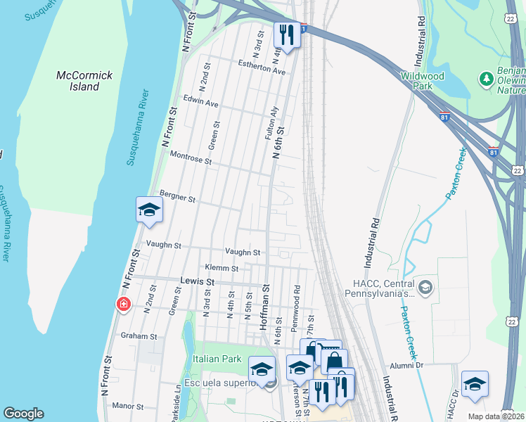 map of restaurants, bars, coffee shops, grocery stores, and more near 3424 North 6th Street in Harrisburg