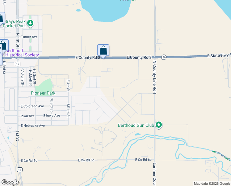 map of restaurants, bars, coffee shops, grocery stores, and more near Dorthy Drive in Berthoud