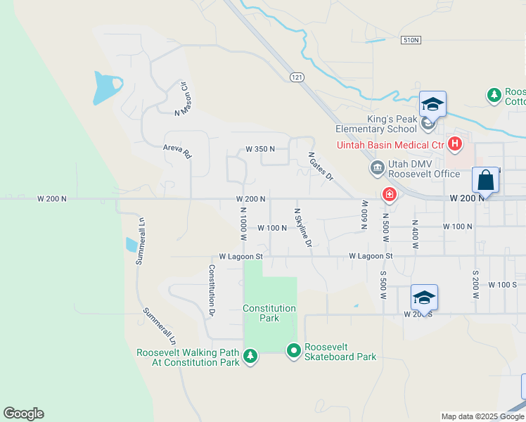 map of restaurants, bars, coffee shops, grocery stores, and more near 175 North 900 West in Roosevelt
