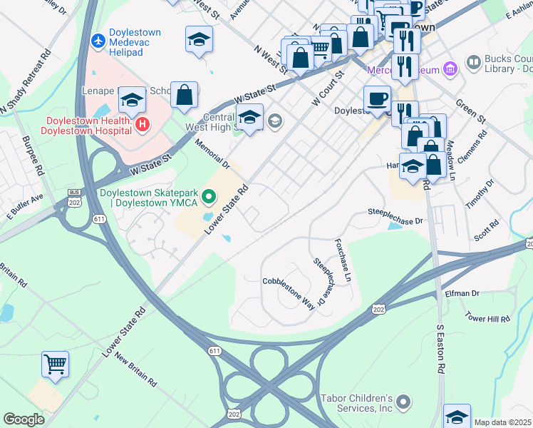 map of restaurants, bars, coffee shops, grocery stores, and more near 7-10 Aspen Way in Doylestown