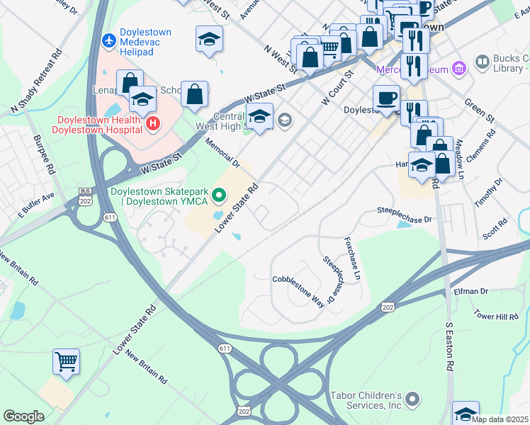map of restaurants, bars, coffee shops, grocery stores, and more near 8-8 Aspen Way in Doylestown