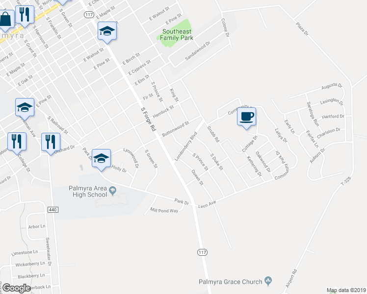 map of restaurants, bars, coffee shops, grocery stores, and more near 801 Londonderry Boulevard in Palmyra