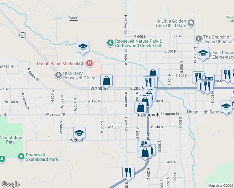 map of restaurants, bars, coffee shops, grocery stores, and more near 156 North 100 East in Roosevelt