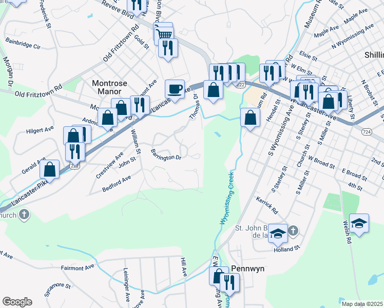 map of restaurants, bars, coffee shops, grocery stores, and more near 1 Fallowfield Circle in Reading