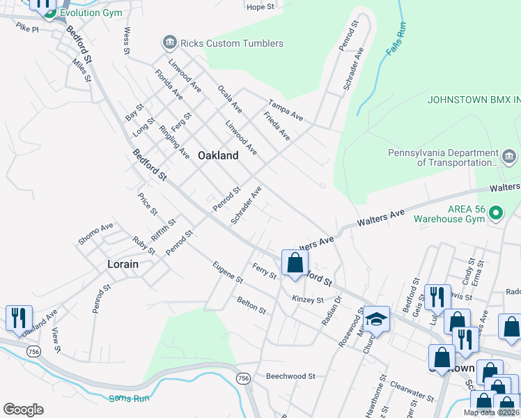 map of restaurants, bars, coffee shops, grocery stores, and more near 1913-15 Young Street in Johnstown