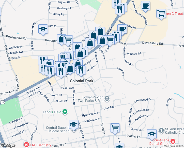 map of restaurants, bars, coffee shops, grocery stores, and more near 4712 Royal Avenue in Harrisburg