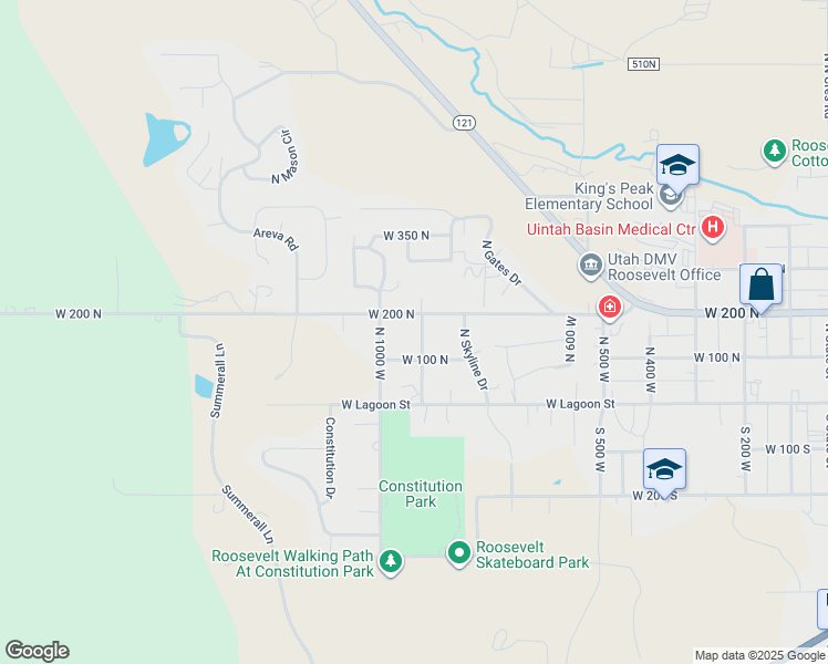 map of restaurants, bars, coffee shops, grocery stores, and more near 175 North 900 West in Roosevelt