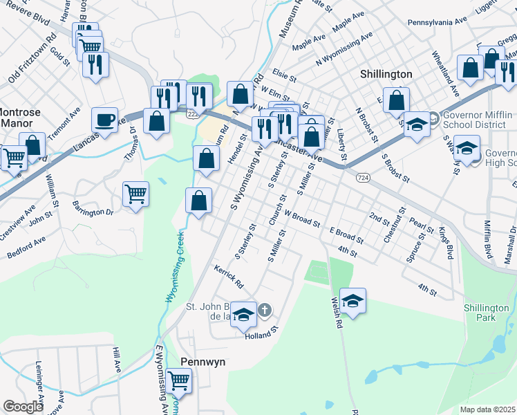 map of restaurants, bars, coffee shops, grocery stores, and more near 207 West Broad Street in Reading