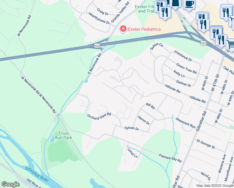 map of restaurants, bars, coffee shops, grocery stores, and more near 10-4 Cranberry Ridge in Reading