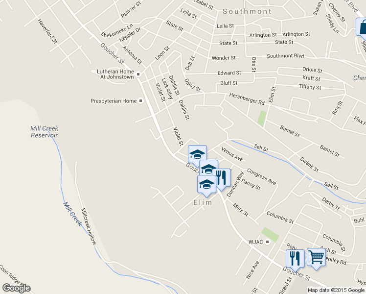 map of restaurants, bars, coffee shops, grocery stores, and more near 8 Mowery Avenue in Johnstown