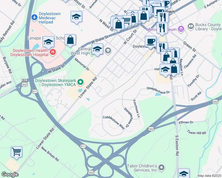 map of restaurants, bars, coffee shops, grocery stores, and more near 5 Aspen Way in Doylestown
