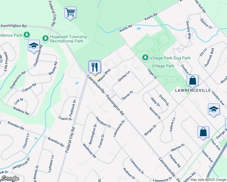 map of restaurants, bars, coffee shops, grocery stores, and more near 2 Shirley Lane in Lawrence Township