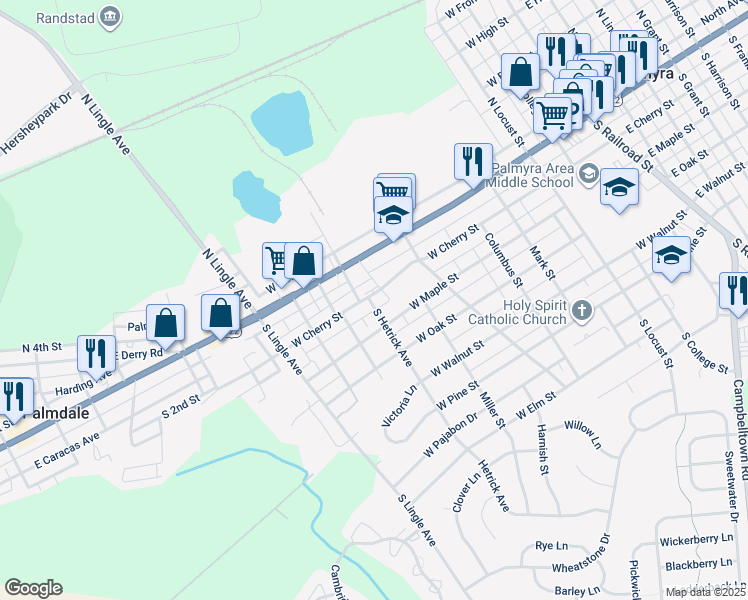 map of restaurants, bars, coffee shops, grocery stores, and more near 662 West Cherry Street in Palmyra