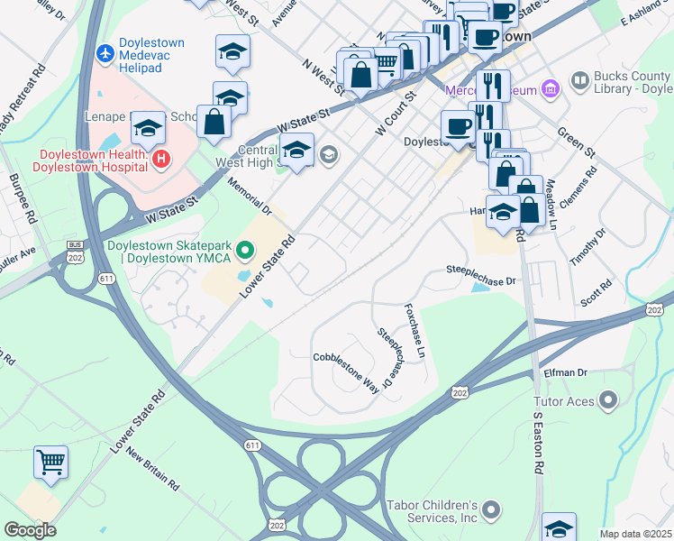 map of restaurants, bars, coffee shops, grocery stores, and more near 5 Aspen Way in Doylestown