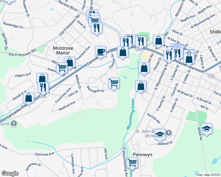 map of restaurants, bars, coffee shops, grocery stores, and more near 1 Fallowfield Circle in Reading